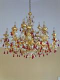 Chandelier purchaed in San Francisco, red and white crystals in teardrop and floral shape.