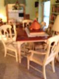 French Country White and Maple Dining Room Table with 8 chairs and one leaf