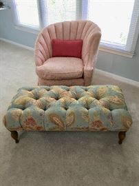 Tufted custom made ottoman and antique parlor chair