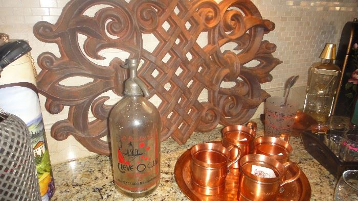 Copper Mule mugs and tray, Cleve-O-Club Seltzer Spray