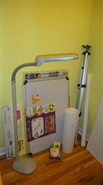 New White Board w/ markers, Large Post it Notes, floor lamp 