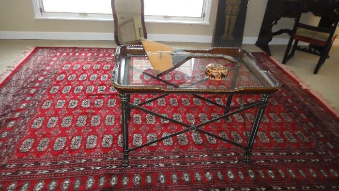 iron side table, vintage hand knotted rug