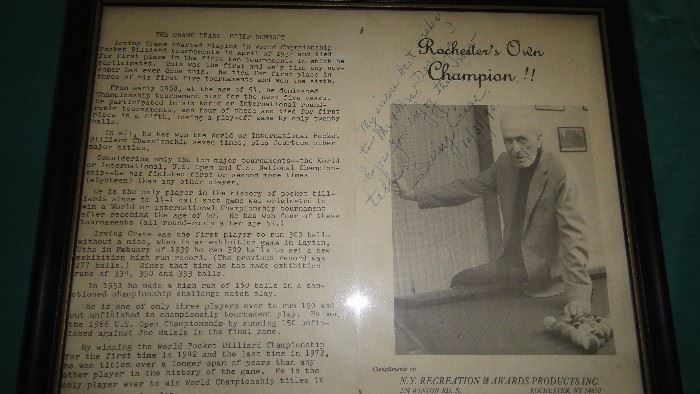 Irving Crane, billiards champion signed photo. 