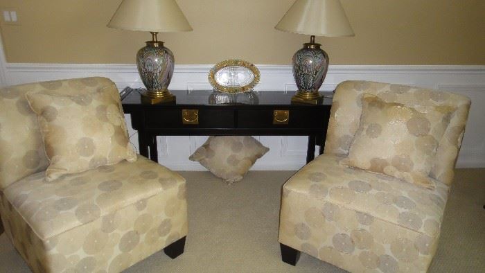 Fredrick Cooper Peacock Lamps, slippers chairs, Black Asian Influenced table 