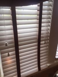 (2) 24" wood blinds with dark red band. $25 each.