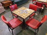 8 Vintage Tile Top Restaurant Pedestal Tables & Chair Sets