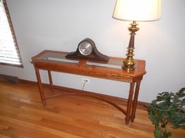 sofa table or entryway table , brass table lamp