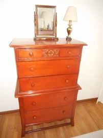 vintage chest of drawers , small dressing mirror and lamp
