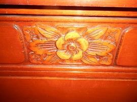 hand carved detail on chest and on matching Head board