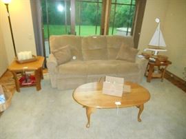 Power recliner, oak end tables, Vintage beer trays, model sail boats