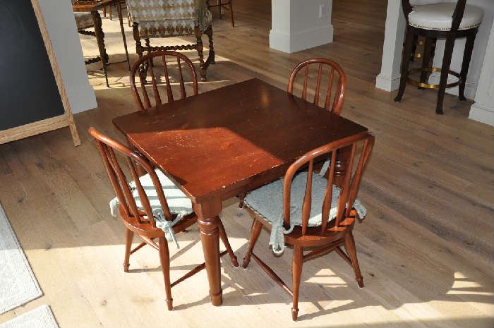 Kid's table and four chairs with custom-made seat cushions; great for homework, playdates and after school snacks; table is 30" x 30" x 22"; take this home for $150!