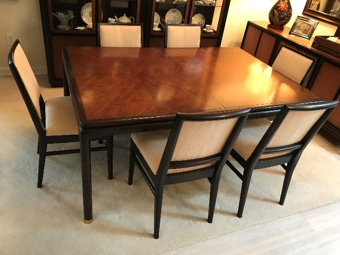 John Stuart Danish mid century mahogany dining table with 2 leaves and 8 chairs (2 captains) - $ 575.00
