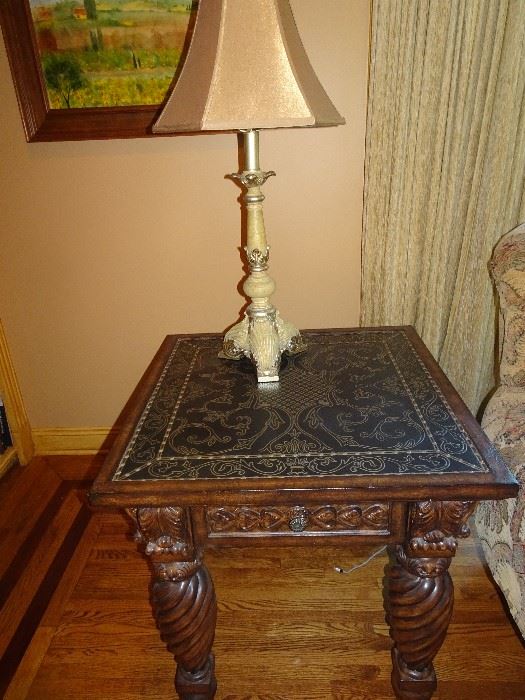 Metal Top with Ornate Carved Legs End Table - 28" W X 28" D X 28"H