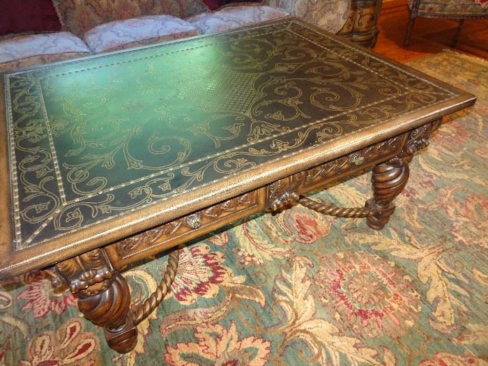 Designer Metal Top Ornately Carved Coffee Table - 48" X 36" X  23"H 