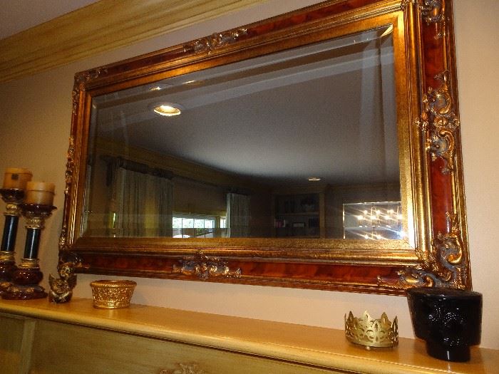 Ornate Gold Gilded Mirror with Burgandy Trim-  60" X 35"