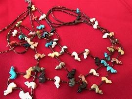 Navajo beadwork and carved miniature animal necklace.