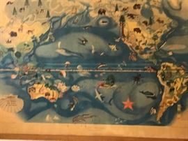 One of a pair of large 50's world maps showing native flora and fauna.