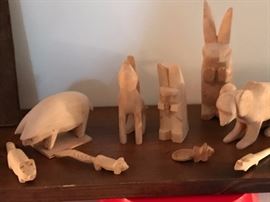 Whimsical wooden carved animals from Chimayo, New Mexico.