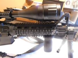 AR-15 5.56 Rugar 223 Cal. Quad Rail, Armed Forces Green laser, Tripod w/adj. legs, 6-24x50 AOEG Bushnell Scope, Waterproof, fog, Shockproof, Red and green illuminated graphic sight. Red /Green dot scope mounted on Bushnell scope, Bungee Sling.  NEVER FIRED All NEW With Box. 