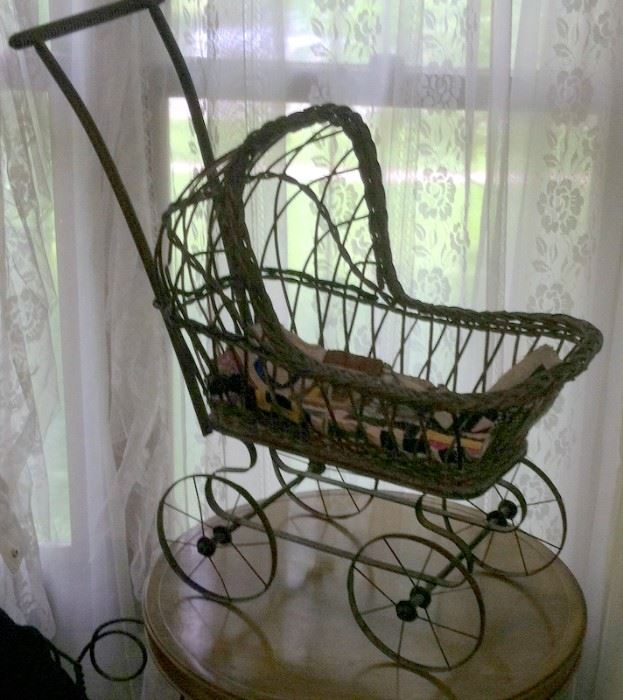 Antique Wicker Doll Size Baby Buggy