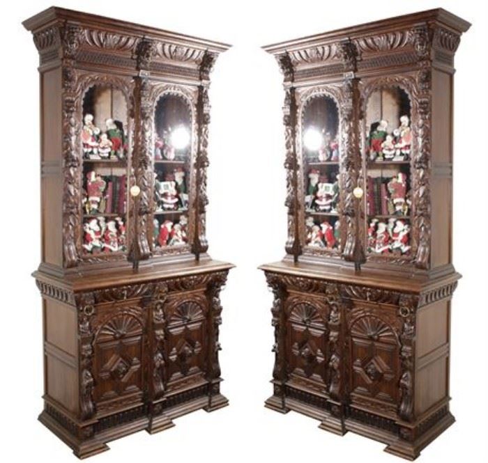Pair Renaissance Revival Oak Bookcase Cabinets
