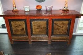 Antique Chinese 3 compartment rice bin circa about 1800's.  Solid Elm.  Makes great centerpiece  and/or dining room server.