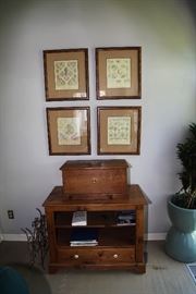 Solid pine cabinet with bottom drawer. Solid pine French storage box. Four wormy chestnut framed pictures ( Herbal garden, Vegetable garden, Botanical garden, Harvest garden).