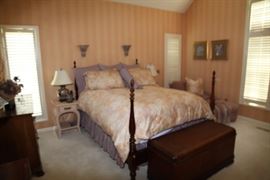 Solid cherry 4 poster bed (queen). Also, a solid cherry dresser.  Various lamps. 