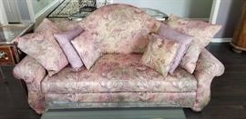 Camel-back sofa and pillows.