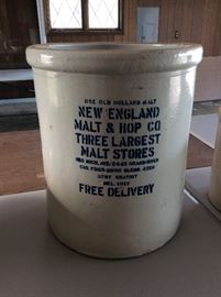20 gallon crock from New England Malt & Hop Company. Shows three malt stores. No cracks or chips on rim.