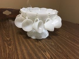Milk glass punch bowl and cups