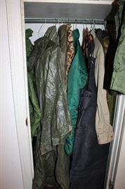 Collection of hunting clothing; Camos, greens, and hunters orange