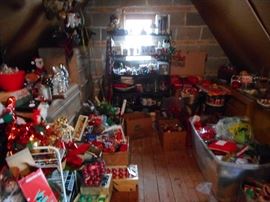 ATTIC...bins of loose ornaments, bows, ribbons, garland, beaded garland..bags tins, angels, stockings.ATTIC THREW UP CHRISTMAS!!!