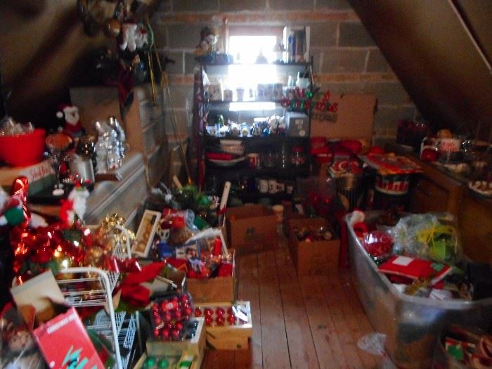 ATTIC...bins of loose ornaments, bows, ribbons, garland, beaded garland..bags tins, angels, stockings.ATTIC THREW UP CHRISTMAS!!!