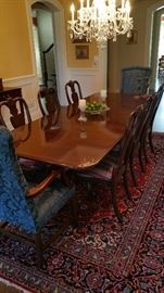 Ethan Allen Dining Room table. Double pedestal so always room for one more... Has two leaves. in picture perfect condition.