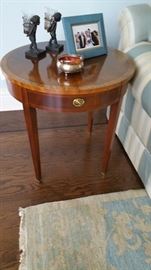 Baker side tables. Pair. Banded top four legs and drawer.