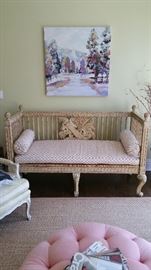 Stunning Habersham bench. Beautifully carved and painted finish. Custom cushion and side pillows. Original rush seat. A show stopper!