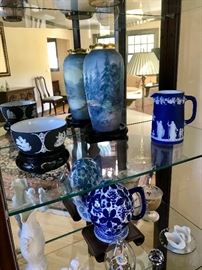 Wedgewood Black Jasperware bowl and blue pitcher 