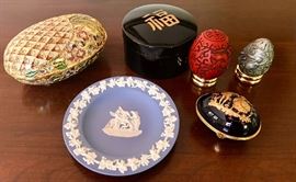 Wedgewood Blue Jasperware
Asian Cinnabar Egg 
Limoges pillcase 