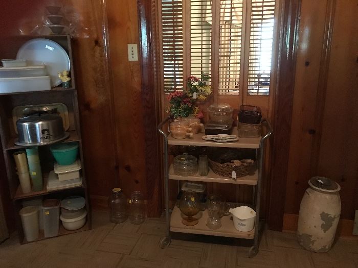 Tupperware, vintage metal rolling cart and assortment kitchen items