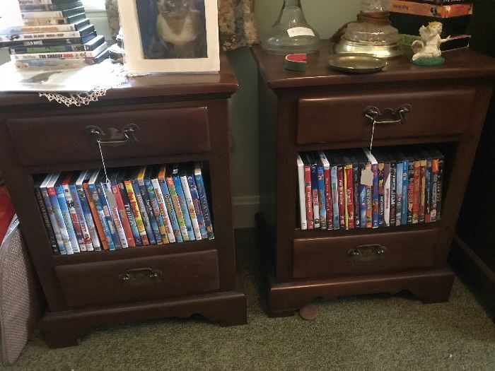 Two vintage nightstands, lamps and dvds