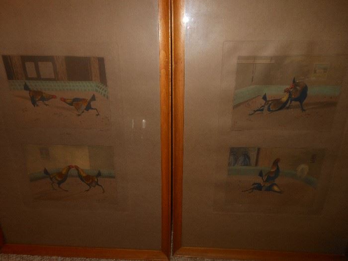 Antique " fighting chickens" lithographs