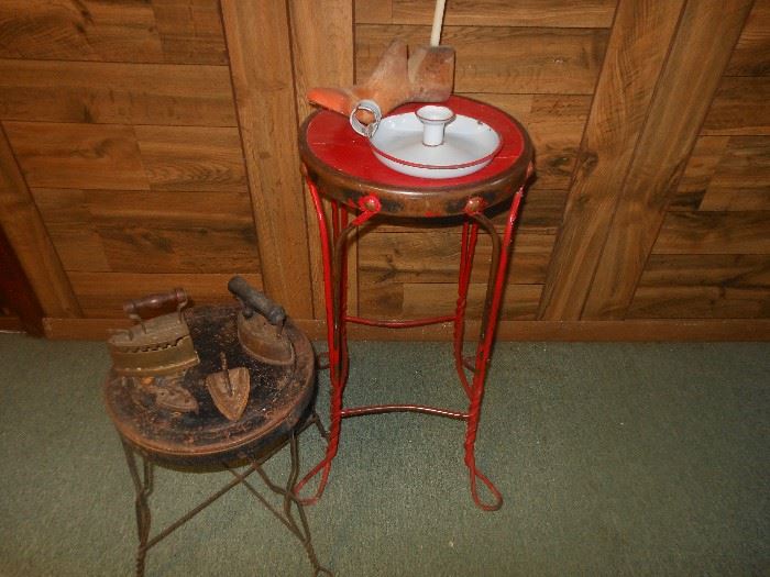 Antique metal stools & miniature irons 