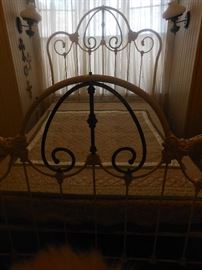LOVELY antique full scrolled iron bed with brass accents