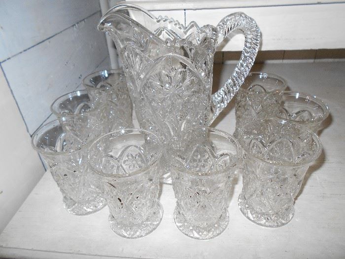 Heavy cut pitcher & 8 glasses