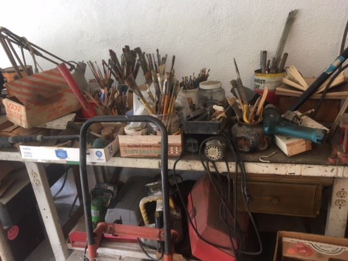 art supplies, paint brushes, paint, glaze, paper, pens, pastels