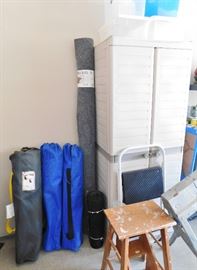 Hard plastic storage cabinet. Bag chairs.