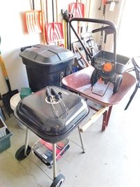 Brand new charcoal grill. Scott's spreader. Wheelbarrow.