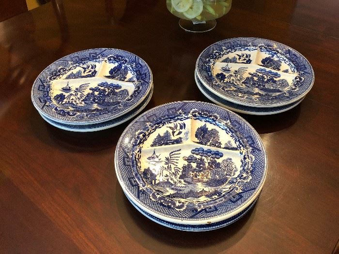  Family Heritage Estate Sales, LLC. New Jersey Estate Sales/ Pennsylvania Estate Sales.  Antique Moriyama Blue Willow China Divided Dinner Plate. Made in Japan