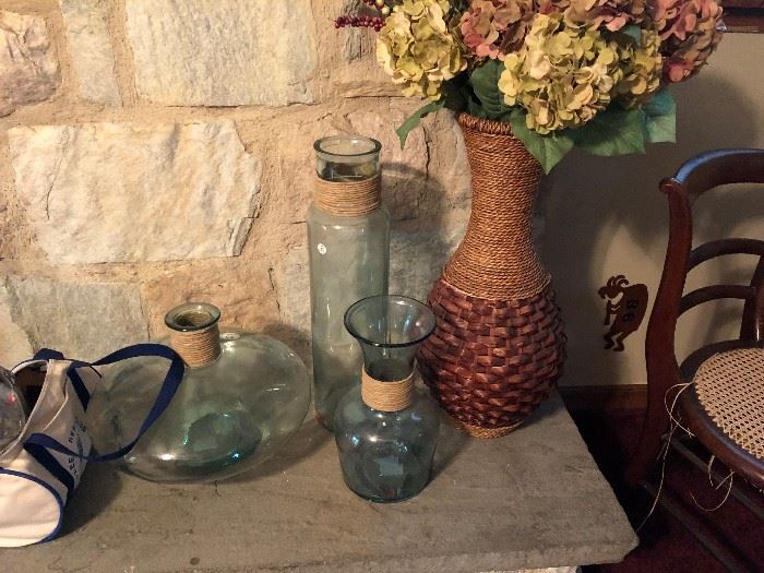  Family Heritage Estate Sales, LLC. New Jersey Estate Sales/ Pennsylvania Estate Sales. Glass Vases various sizes and shapes. Woven vase decor. 